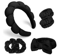 REYIN-CHHN Juego de 6 diademas y muñequeras negras de spa para lavarse la cara, burbujas para el cuidado de la piel, diademas esponjosas para lavar la cara, accesorios para el cabello para mujeres y