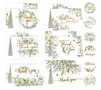 REYIN-CHHN Paquete de 24 tarjetas de agradecimiento en acuarela con sobre, notas de agradecimiento con calcomanías redondas, letras doradas en blanco, tarjetas de felicitación para boda, baby shower