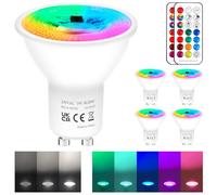 REYLAX Bombillas LED Colores GU10 de 5W, RGB Blanco Frío Regulable Bombilla con Mando a Distancia, Focos LED RGBW 12 Colore, AC 85-265V, Función de Memoria y Sincronización (paquete de 4)
