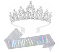 REYOK Cumpleaños Corona y faja Tiara Corona de Cristal Birthday Queen Sash Corona cumpleaños para niñas y mujeres, diadema de imitación Tiara de cumpleaños Mujer Corona Diadema Tocado Plateado