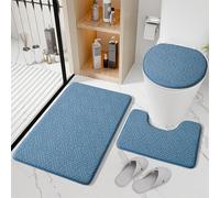 Reyox Juego de 3 Alfombras de Baño Absorbentes, con Tapa de Inodoro de PeloCorto, Alfombrilla de Espuma Viscoelástica, Azul, 50x80cm + Forma de U 50x40cm + Tapa 38x42cm