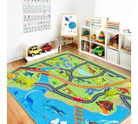 Rezutan Alfombra de dinosaurio para niños, antideslizante y plegable, alfombra de carretera para coches de juguete, lavable, para dormitorio, sala de juegos, guardería, 140 x 200 cm