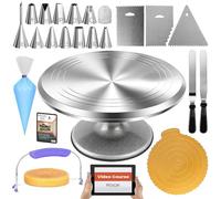RFAQK Juego de 50 Tocadiscos para Tartas, de aleación de Aluminio de 12 Pulgadas, Kit Profesional de decoración de Pasteles con espátula de glaseado Recta y Compensada, boquillas y Bolsas de glaseado