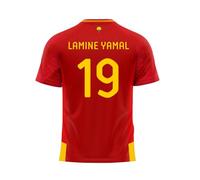 RFEF - Camiseta Infantil Lamine Yamal Número 19 - Réplica Oficial Selección Española 24/25 1ª Equipación - Diseño con Escudo de España - Color Rojo y Amarillo - Talla 14