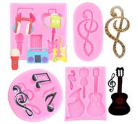 RFGHAC Juego de 4 moldes de silicona para fondant, diseño de notas musicales de los años 80, con diseño de fiebre de discoteca, micrófono, guitarra, caramelos musicales, para decoración de pasteles de