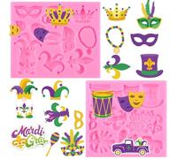 RFGHAC Mardi Gras - Moldes para fondant, máscara de flores de lis, corona de plumas, molde de silicona para carnaval, decoración de pasteles de azúcar, decoración de cupcakes, caramelo, chocolate,
