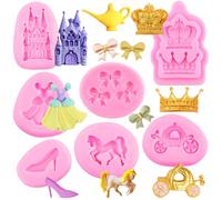 RFGHAC Molde de Cenicienta para fondant, castillo de cuento de hadas, calabaza, carruaje, vestido de princesa, zapatos de cristal, corona de lazo, molde de silicona para decoración de pasteles de