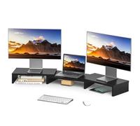 Rfiver Soporte Monitor Madera Elevador Escritorio para Doble Portatil Pantalla Ordenador PC Monitores Longitud Ajustable y Giratorio ángulo con Gestión de Cables | Negro W(840-1232) x D235 x H95 mm