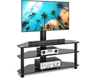 Rfiver Soporte TV Mesa Mueble Esquina para Television de 32 a 70 Pulgadas, Vintage Altura Ajustable Base Televisor Negro, Soporte TV Suelo Giratoria con 3 Estantes | MAX 50 Kg Vesa 600 * 400 mm