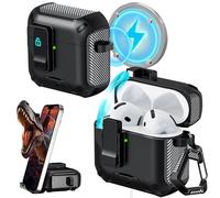 RFUNGUANGO Compatible con AirPods 4.º Estuche con Lápiz de Limpieza, Clip de Bloqueo, Protección de Cuerpo Completo, Función de Soporte y Compatible con Magsafe.Negro