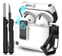 RFUNGUANGO Compatible con AirPods 4.º Estuche Protector Rígido con Clip de Bloqueo Seguro, Emergente Automático a Prueba de Golpes de Cuerpo Completo, Blanco
