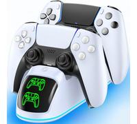 RGB Base de Carga para PS5, 2H Rápido Cargador de Mando PS5 Originales & Edge, Placas Frontales con Iluminación LED & RGB, Estación de Carga para PS 5 - Blanco