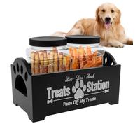 RHAIQBVC Contenedor de golosinas para perros de 9.0 x 5.1 x 4.9 pulgadas, contenedor de madera para almacenamiento de alimentos para perros con 2 tarros de plástico, contenedor rústico para golosinas