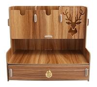 Rhawuy Wooden Desktop Organizer & Pen Holder | 14 - Piece MDF Storage Rack for Home Office/School Desk | Multi - Slot Stationery Supplies Organizer with Handle (Cherry)