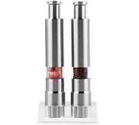 Rheross de sal y pimienta de 2, salero de pimienta de acero inoxidable presión botón manual sal de vidrio y pimienta conjunto