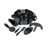 Rhinegold Bolsa de aseo gris con kit, juego de regalo de aseo ecuestre de 7 piezas que incluye todo tipo de cepillo de pelo de caballo, peine de curry y púa de pezuñas con una bolsa multiusos para