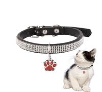 Rhinestone Cat Collar - Adjustable Cat Collar with Paw Print Tag | Sparkly Rhinestone Pet Collar For Cats, Kittens, Small Dogs | Stylish Leather Pet Accessories In Black Or Pink, 22-28cm
