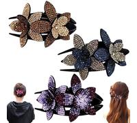 Rhinestone Double Flower Hair Clip, 2025 New Flat Hair Clips for Women Jeweled Hair Clip, Non-Slip Floral Hair Party Wedding Accessory for Women Girls (3PCS-C)