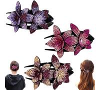 Rhinestone Double Flower Hair Clip, 2025 New Flat Hair Clips for Women Jeweled Hair Clip, Non-Slip Floral Hair Party Wedding Accessory for Women Girls (3PCS-B)