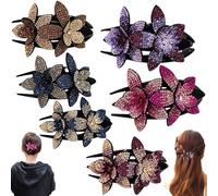 Rhinestone Double Flower Hair Clip, 2025 New Flat Hair Clips for Women Jeweled Hair Clip, Non-Slip Floral Hair Party Wedding Accessory for Women Girls (6PCS)