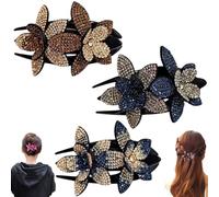 Rhinestone Double Flower Hair Clip, 2025 New Flat Hair Clips for Women Jeweled Hair Clip, Non-Slip Floral Hair Party Wedding Accessory for Women Girls (3PCS-A)