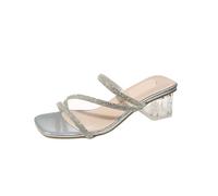 Rhinestone Sandals Women's Shoes Summer Trend Fashion Square Toe Crystal Heel Slippers Simple Shiny Vacation With Skirt(Silver,41)