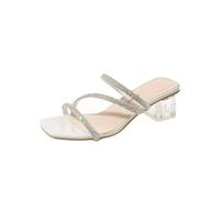 Rhinestone Sandals Women's Shoes Summer Trend Fashion Square Toe Crystal Heel Slippers Simple Shiny Vacation With Skirt(Beige,37)