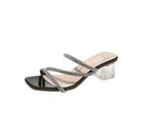 Rhinestone Sandals Women's Shoes Summer Trend Fashion Square Toe Crystal Heel Slippers Simple Shiny Vacation With Skirt(Black,42)