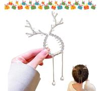 Rhinestone Tassel Ponytail Hair Claw Pearl Tassel Ponytail Hair Clip Christmas Rhinestone Peal Tassel Antler Deer Round Bun Hair Claw For Women (Silver)