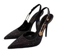 Rhinestones Sequined Buckle Women Pumps Elegant Pointed Toe Slingbacks Stiletto High Heels Spring Summer Fashion Shoes(Black,39)