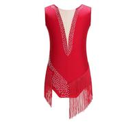 Rhinestones Tassel Leotard For Figure Skating Dance Rhythmic Gymnastics Sleeveless Fringed Bodysuit Dresses Costume(Wine Red,10)