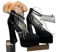 Rhinestones Tassels Satin Women Pumps Elegant Pointed Toe Platform Wedges Super High Heels Runway Style Party Prom Shoes(37)