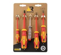 Rhino 16032 - Juego de 4 destornilladores eléctricos (1000 V, planos y 2 cruciformes + 1 comprobador de tensión, hoja cromada vanadio)