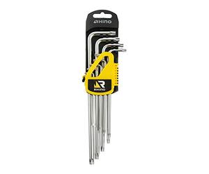 Rhino - Juego de 9 llaves macho alargadas con forma de estrella perforada, juego de 9 llaves torx perforadas en soporte, diámetro T10 a T50, fabricado en acero (cromo vanadio), alta calidad