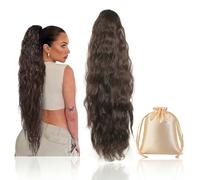 RhiVrillion Extension Cheveux Naturel Queue de Cheval - 60 cm Postiche Cheveux Naturel Vague Water Wave | Marron Foncé, Cordon Serrage, Pochette de Rangement Offerte