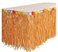 Rhode Island Novelty Luau Natural Color Grass Table Skirt Decoration with Tropical Flowers, 9' x 29 | 2 Pack |