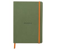 RHODIA 117374C - Cuaderno flexible de salvia (A5, rayado, 160 páginas, papel Clairefontaine marfil 90 g/m2, cierre elástico, tapa de piel sintética, rodiarama