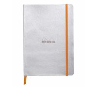 RHODIA 117401C - Carnet Souple Argent - A5 - Ligné - 160 pages - Papier Clairefontaine Ivoire 90 g/m² - Marque-Page, Fermeture Élastique - Couverture Simili Cuir - Collection Rhodiarama