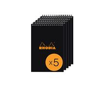 RHODIA 165019C - Cuaderno espiral (encuadernado completo) negro - A5 - Forrado - 80 hojas desmontables - Papel blanco 80 g/m² - Cubierta para tarjeta revestida - Paquete de 5 almohadillas