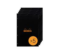 RHODIA 201009C - Bloc de notas engrapado N°20 Negro - A4+ - Cuadrados Seyès grandes - 80 hojas desmontables perforaciones de 4 agujeros - Papel Clairefontaine blanco 80G - Paquete de 5 almohadillas