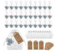 RHQFDM 30 Piezas regalos de bautismo llavero de elefante llavero de PVC colgante de elefante juego de llavero infantil de elefante azul bolsa de plexiglás etiqueta de Acción de gracias de papel Kraft
