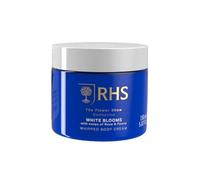 RHS Flower Show White Blooms - Crema corporal batida, ligera e hidratante con manteca de karité, suave fragancia floral de rosa, jazmín y vainilla, 150 ml