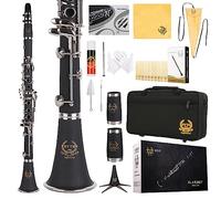 Rhythm Bb Clarinet 17 Nickel Keys Woodwind Band & Orchestra Musical Instruments for Beginners Includes Case, Stand, 10 Reeds and Cleaning Kit-Black/Silver keys