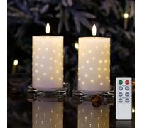 Rhytsing 2 Velas LED Blancas de Cera Real con Luces de Fibra Óptica Parpadeantes, Velas Decorativas Navideñas con Mando a Distancia para Año nuevo, 6 AA Pilas Incluidas 7,5 x 7,5 x 12,5 cm