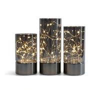 Rhytsing 3 Faroles Cilíndricos de Cristal Gris Diseño Clásico, lámpara LED de mesa con Guirnalda Luces LED, Velas a Pilas con Temporizador Decorativas Grandes, Alturas 12,5/15/17,5cm