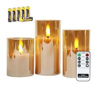 Rhytsing 3 Velas de Cristal Dorado con Mando para Navidad, Velas a Pilas con Temporizador Decorativas Grandes, Altura 10cm / 12,5cm / 15cm (Dorado)
