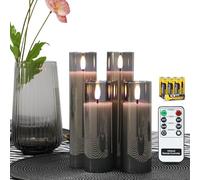 Rhytsing Velas LED de vidrio gris que funcionan con pilas, velas delgadas ahumadas sin llama con control remoto, luz blanca cálida, pilas incluidas, D 5 cm, juego de 4