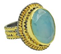 RI-4205-A Anillo de plata de ley 925 con calcedonia natural y oro rodio Negro, Piedra preciosa, Calcedonia