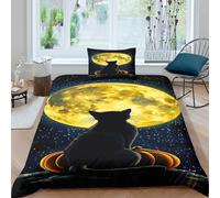 RIAVBAODG Halloween Negro Gato Impresas En 3D,Luna Llena,Juego De Sábanas Y Fundas Nórdicas 2 Piezas Decorativo Juego De Funda para Edredón para Niños, Adolescentes,Adultos Single（135x200cm）