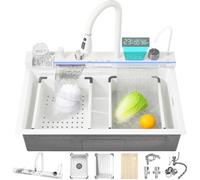 Ribanedy 68 cm Fregadero de cocina inteligente de acero inoxidable 304 Blanco, fregadero en cascada moderno multifuncional con grifo integrado con pantalla digital, lavavasos y juego de accesorios